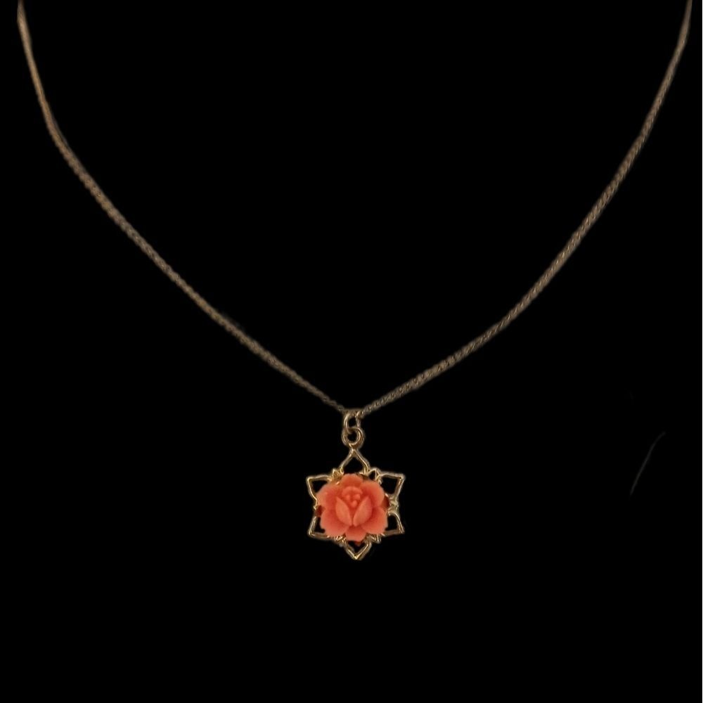Faux coral rose pendant necklace vintage SKUJ041 - Picture 4 of 4